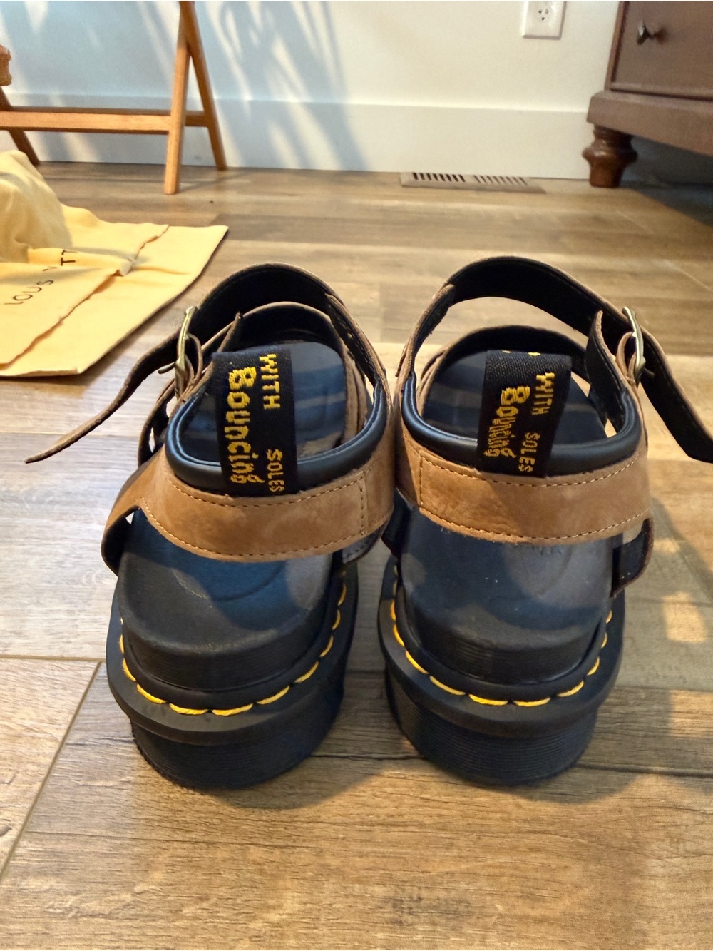 Dr. Martens Tan Suede Multi-Strap Sandals with Yellow Stitching, Size 10 - Picture 4 of 7